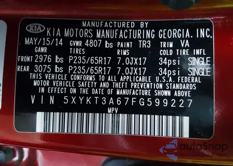 2015 Kia Sorento Lx z USA, uszkodzony, nr VIN 5XYKT3A67FG599227